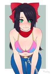 Rule 34 | 1girl, ahoge, bikini, bikini top only, black hair, blush, borrowed character, bow, breasts, character request, cleavage, denim, green eyes, hair bow, hair over one eye, jeans, knocks (thinkingfruits), large breasts, leaning forward, lips, long hair, looking at viewer, navel, pants, razalor, red bow, red scarf, scarf, solo, swimsuit, thigh gap