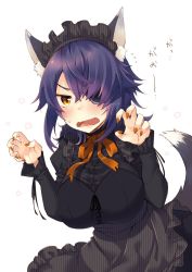 1girl alternate_costume animal_ears blush breasts brown_eyes eyepatch fake_animal_ears fake_tail fang flying_sweatdrops hair_over_one_eye halloween highres kantai_collection kotobuki_(momoko_factory) large_breasts long_sleeves looking_at_viewer messy_hair nail_polish open_mouth orange_nails purple_hair short_hair solo tail tenryuu_(kancolle) translation_request wolf_ears wolf_tail