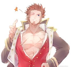 Rule 34 | 1boy, ayatake kg, bara, beard, blue eyes, blush, brown hair, clothes lift, epaulettes, facial hair, fate/grand order, fate (series), hand on own hip, highres, jacket, jacket lift, long sideburns, long sleeves, looking at viewer, male focus, military, muscular, napoleon bonaparte (fate), pectorals, scar, sideburns, simple background, smile, solo, star (symbol), teeth, upper body