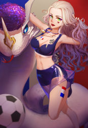 Rule 34 | 1girl, absurdres, armpits, ball, bare arms, bare shoulders, blonde hair, blue eyes, breasts, chinese commentary, cleavage, commentary request, curly hair, dragon, flower tattoo, forked tongue, french flag, heart, highres, leg up, long hair, medium breasts, midriff, miniskirt, multicolored eyes, multicolored nails, nail polish, navel, one side up, original, skirt, soccer, soccer ball, solo, standing, standing on one leg, sumubing, tattoo, tongue, whistle, whistle around neck, world cup, yellow eyes