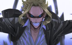 Rule 34 | 1boy, black jacket, black sclera, blonde hair, blue eyes, boku no hero academia, collarbone, colored sclera, grey shirt, grin, highres, jacket, looking at viewer, male focus, open clothes, open jacket, outstretched arms, parted bangs, rain, shirt, short hair, smile, solo, teeth, trevo (trevoshere), upper body, water, white background, yagi toshinori
