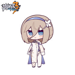 Rule 34 | 1girl, aponia (honkai impact), bare shoulders, black footwear, blush stickers, breasts, brown hair, chibi, china dress, chinese clothes, closed mouth, copyright name, dress, eta, eyebrows hidden by hair, full body, gloves, hair between eyes, honkai (series), honkai impact 3rd, long hair, looking at viewer, mole, mole under eye, pelvic curtain, shoes, simple background, single thighhigh, small breasts, smile, solo, standing, thighhighs, white background, white dress, white gloves