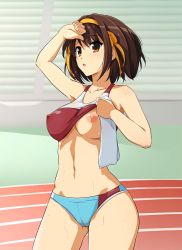 Rule 34 | 1girl, absurdres, bare shoulders, bleachers, bra, bra lift, brown eyes, brown hair, collarbone, covered erect nipples, hairband, haruhisky, highres, lifting own clothes, navel, nipples, one breast out, open mouth, running track, short hair, solo, sports bra, suzumiya haruhi, suzumiya haruhi no yuuutsu, sweat, towel, underwear, wiping forehead