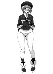 Rule 34 | 10s, 1girl, ayato, bad id, bad pixiv id, beret, blunt bangs, blush, cameltoe, clothes lift, dress, dress lift, full body, greyscale, hat, head tilt, highres, kantai collection, looking at viewer, md5 mismatch, monochrome, navel, nose blush, panties, short hair, simple background, socks, solo, underwear, white background, z3 max schultz (kancolle)