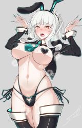 Rule 34 | 1girl, animal ears, bikini, black bikini, black thighhighs, blunt bangs, blush, boots, breasts, breasts apart, carmilla (fate), commentary request, cowboy shot, fake animal ears, fate/grand order, fate (series), fingernails, fue (rhomphair), grey background, groin, half-closed eyes, heart pasties, highleg, highleg bikini, highres, juliet sleeves, long fingernails, long sleeves, meme attire, multi-strapped bikini, nail polish, navel, nose blush, open mouth, pasties, puffy sleeves, rabbit ears, rabbit pose, raised eyebrows, reverse bunnysuit, reverse outfit, side-tie bikini bottom, signature, simple background, solo, steaming body, sweat, swimsuit, thick thighs, thigh boots, thighhighs, thighs, tongue, unaligned breasts, white hair, yellow eyes