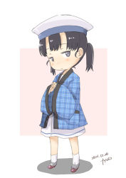 Rule 34 | 1girl, absurdres, black hair, commentary request, dress, full body, fyuo, grey eyes, hanten (clothes), hat, highres, kantai collection, looking at viewer, one-hour drawing challenge, sailor hat, shoes, short hair, shounan (kancolle), simple background, socks, solo, standing, twintails, unmoving pattern, uwabaki, white background, white dress, white hat, white socks
