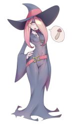 Rule 34 | 10s, 1girl, bad id, bad twitter id, belt, breasts, covered navel, drooling, full body, hair over one eye, hat, highres, impossible clothes, little witch academia, long hair, looking at viewer, mushroom, red eyes, red hair, saliva, sexually suggestive, simple background, skinny, slender, slugbox, small breasts, solo, standing, sucy manbavaran, white background, witch hat