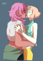 Rule 34 | 2girls, blush, closed eyes, clothes lift, cowboy shot, dark-skinned female, dark skin, ear piercing, eyeshadow, female focus, flat chest, forehead jewel, french kiss, half-closed eyes, highres, hug, kiss, looking at another, makeup, midriff, multiple girls, mystery girl (steven universe), nyong-choi, pale skin, pearl (steven universe), piercing, pink hair, shirt lift, simple background, sleeveless, sleeveless turtleneck, standing, steven universe, sweat, sweatdrop, tongue, tongue out, trembling, turtleneck, undressing, yuri