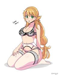 Rule 34 | 1girl, absurdres, blonde hair, blush, bra, commentary, english commentary, english text, fire emblem, fire emblem heroes, garter belt, garter straps, green eyes, highres, jarckius, lap pillow invitation, lingerie, looking at viewer, nintendo, no pants, no shoes, open mouth, sharena (fire emblem), thighhighs, underwear, white bra, white thighhighs