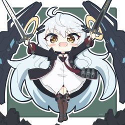 Rule 34 | 1girl, ahoge, artist name, bad id, bad pixiv id, black jacket, black leotard, boots, border, brown thighhighs, chibi, choker, counter:side, double halo, fangs, floating, floating object, full body, garter straps, green background, hair between eyes, hair ornament, hairpin, halo, highres, hilde (counter:side), holding, holding sword, holding weapon, holster, jacket, leotard, long hair, long sleeves, looking at viewer, necktie, no pants, outside border, outstretched arms, red necktie, rock, runes, shirt, solo, sword, thigh boots, thighhighs, triangle ring, umihio, very long hair, weapon, white border, white hair, white shirt, yellow eyes