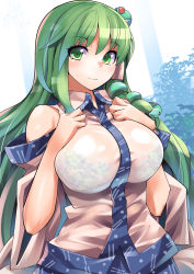 Rule 34 | 1girl, blush, bra, breasts, closed mouth, commentary request, detached sleeves, frog hair ornament, green eyes, green hair, hair ornament, highres, japanese clothes, kochiya sanae, large breasts, long hair, nontraditional miko, see-through, shirt, sleeveless, sleeveless shirt, smile, snake hair ornament, solo, touhou, umigarasu (kitsune1963), underwear, upper body, wide sleeves