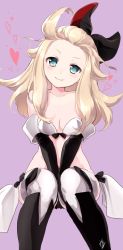 Rule 34 | 1girl, between legs, bikini, bikini top only, black footwear, black gloves, blonde hair, blue eyes, boots, bravely default: flying fairy, bravely default (series), breasts, cleavage, edea lee, elbow gloves, gloves, hand between legs, knee boots, long hair, mirakururu, ribbon, sitting, small breasts, smile, solo, swimsuit, thighhighs, v arms, white bikini, white thighhighs