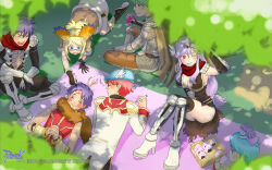 3girls 4boys animal animal_around_neck armor armored_boots assassin_cross_(ragnarok_online) black_footwear black_gloves black_leotard black_pants black_shirt black_thighhighs blonde_hair blue_eyes blue_hair blue_hat blush boots breasts brown_cape brown_pants cape chainmail closed_mouth coat copyright_notice cup dappled_sunlight detached_sleeves doll_on_head drawing_on_another&#039;s_face dress elbow_gloves fake_wings flat_cap food fox fujimaru_(pixiv32896) full_body fur-trimmed_cape fur_trim glasses gloves gold_trim green_hair guest_art hat head_wings high_heel_boots high_heels high_priest_(ragnarok_online) high_wizard_(ragnarok_online) highres holding holding_cup holding_marker knight_(ragnarok_online) large_breasts leotard logo long_hair long_sleeves low-tied_long_hair marionette_(ragnarok_online) marker medium_hair multicolored_coat multiple_boys multiple_girls official_art official_wallpaper onigiri open_mouth pants pauldrons picnic picnic_blanket prank professor_(ragnarok_online) purple_hair ragnarok_online red-framed_eyewear red_coat red_eyes red_scarf red_shirt revealing_clothes scarf shirt short_hair shoulder_armor sidelocks sitting sleeping sleeveless sleeveless_shirt smile squeans star_gladiator_(ragnarok_online) striped_sleeves sunlight tabard thighhighs two-tone_coat vambraces white_coat white_dress white_sleeves white_tabard winged_hat wings yellow_sleeves