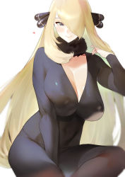 Rule 34 | 1girl, black dress, black pantyhose, black shirt, blonde hair, blouse, breasts, cleavage, closed mouth, covered erect nipples, creatures (company), cynthia (pokemon), dress, fur-trimmed collar, fur trim, game freak, hair ornament, hand in own hair, ikuchan kaoru, large breasts, long hair, long sleeves, looking at viewer, nintendo, pantyhose, pokemon, pokemon dppt, shirt, simple background, smile, solo, very long hair, white background