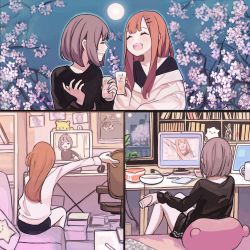 Rule 34 | 2girls, bed, black shirt, blunt bangs, bookshelf, brown hair, can, chair, cherry blossoms, closed eyes, comic, commentary request, computer, coronavirus pandemic, flower, hair ornament, hairclip, hanami, highres, indoors, long hair, long sleeves, monitor, multiple girls, open mouth, original, outdoors, outstretched arm, pink flower, shirt, short hair, sitting, smile, spring (season), tokiwata soul, tree, video call, white shirt, window