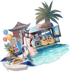 Rule 34 | 1girl, animal ears, artist request, ass, azur lane, bag, balloon, bare shoulders, black hair, black one-piece swimsuit, blue eyes, breasts, cup, cupcake, disposable cup, drinking, dutch angle, eyewear on head, flower, food, hair flower, hair ornament, highres, holding, kii (azur lane), kii (poolside persuasion) (azur lane), large breasts, long hair, looking at viewer, makizushi, manjuu (azur lane), off shoulder, official alternate costume, official art, one-piece swimsuit, open clothes, plant, pool, potted plant, see-through, sideboob, solo, sunflower, sunglasses, sushi, swimsuit, thigh strap, thighs, transparent background, tray, very long hair, wading, water