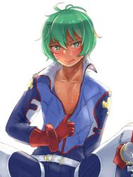 Rule 34 | 10s, 1boy, bad id, bad twitter id, bloom, blush, center opening, gloves, gradient hair, granblue fantasy, green eyes, green hair, heart, heart-shaped pupils, licking lips, long hair, male focus, multicolored hair, meteon (granblue fantasy), pilot suit, ponytail, red gloves, sitting, smile, solo, sweat, symbol-shaped pupils, tongue, tongue out, unzipping, yoshino (pixiv81884)
