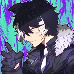Rule 34 | 1boy, absurdres, animal ear fluff, animal ears, black gloves, black hair, black jacket, black shirt, claw pose, collared shirt, from side, fur-trimmed jacket, fur trim, gloves, hair between eyes, highres, hizaki gamma (artist), holostars, jackal boy, jackal ears, jacket, kageyama shien, looking at viewer, male focus, multicolored background, multicolored hair, necktie, outline, portrait, shirt, short hair, smile, solo, splatter background, two-tone hair, virtual youtuber, white hair, white necktie, white outline, yellow eyes