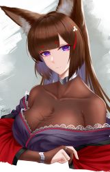 Rule 34 | 1girl, absurdres, amagi (azur lane), animal ears, azur lane, bodystocking, breasts, brown hair, cleavage, collarbone, colored inner hair, elbow gloves, fox ears, fox girl, frilled kimono, frills, frozen-sad, gloves, hair ornament, highres, japanese clothes, jewelry, kimono, kitsune, large breasts, long hair, looking at viewer, low neckline, multicolored hair, partially fingerless gloves, purple eyes, ring, smile, solo, taut clothes, thick eyebrows, upper body