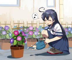 Rule 34 | 1girl, ^ ^, ahoge, black hair, blue skirt, blush, breast press, breasts, closed eyes, day, flower, flower pot, holding, holding watering can, kantai collection, kozou (rifa), long hair, medium breasts, musical note, open mouth, outdoors, plant, pleated skirt, potted plant, sailor collar, school uniform, serafuku, short sleeves, skirt, socks, solo, speech bubble, squatting, ushio (kancolle), watering can