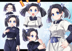 Rule 34 | ..., 1girl, black hair, black jacket, black pants, blue eyes, breasts, butterfly hair ornament, closed mouth, dress, forehead, hair ornament, hand on own hip, hand on own chest, hand up, holding, jacket, kanzaki aoi (kimetsu no yaiba), kimetsu no yaiba, layered sleeves, long sleeves, looking at viewer, looking away, mad (hazukiken), multiple views, notice lines, open mouth, pants, parted bangs, short over long sleeves, short sleeves, small breasts, trembling, twintails, v-shaped eyebrows, white dress