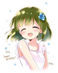 Rule 34 | 1girl, :d, ^ ^, blue flower, blunt bangs, blush, breasts, closed eyes, collarbone, commentary request, cropped torso, dated, dress, english text, flower, green hair, hair flower, hair ornament, happy birthday, hara yui, kin-iro mosaic, looking at viewer, medium breasts, medium hair, official alternate costume, official art, oomiya shinobu, open mouth, partial commentary, simple background, sleeveless, sleeveless dress, smile, solo, white background, white dress