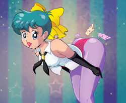 Rule 34 | 1980s (style), 1girl, ass shake, bare shoulders, black gloves, black neckwear, blue eyes, bow, brooch, collared shirt, elbow gloves, feet out of frame, gloves, green hair, hair bow, jewelry, kazuki mai, leaning forward, leotard, lipstick, looking at viewer, magical emi, mahou no star magical emi, makeup, oldschool, pantyhose, pepipopo, pink lips, purple pantyhose, retro artstyle, ribbon, shirt, short hair, sleeveless, sleeveless shirt, smile, solo, star (simbol), tagme, white shirt, yellow bow