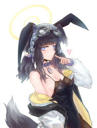 Rule 34 | 1girl, absurdres, animal collar, animal ears, bare shoulders, black hair, blue archive, blue eyes, blunt bangs, blush, breasts, cleavage, closed mouth, collar, collarbone, dog ears, dog girl, dog tags, dog tail, fishnet pantyhose, fishnets, goggles, goggles on head, hair bobbles, hair ornament, halo, heart, hibiki (blue archive), highleg, highleg leotard, highres, jacket, leotard, long hair, long sleeves, looking at viewer, medium breasts, off shoulder, open clothes, open jacket, pantyhose, playboy bunny, purple collar, purple eyes, rabbit ears, simple background, smile, solo, strapless, strapless leotard, tail, twintails, upper body, white background, wnsgur6686