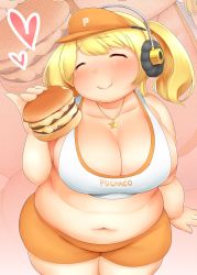 Rule 34 | 1girl, :&gt;, :t, ^ ^, bare shoulders, bike shorts, blonde hair, blush, breasts, character name, cleavage, closed eyes, closed mouth, clothes writing, collarbone, crop top, closed eyes, fat, food, foodgasm, fusa (starless2323), groin, burger, head tilt, headphones, heart, highres, holding, holding food, jewelry, large breasts, navel, necklace, nitroplus, pinky out, plump, shirt, smile, solo, star (symbol), star necklace, super pochaco, thick thighs, thighs, torn clothes, torn shirt, twintails, visor cap, wide hips, zoom layer