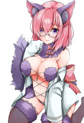 Rule 34 | 1girl, animal ears, bare shoulders, blush, bow, breasts, cleavage, collared shirt, dress shirt, elbow gloves, fate/grand order, fate (series), fur-trimmed gloves, fur-trimmed legwear, fur collar, fur trim, glasses, gloves, hair over one eye, halloween costume, highres, lace, lace-trimmed legwear, lace trim, large breasts, light purple hair, long sleeves, looking at viewer, mash kyrielight, mash kyrielight (dangerous beast), navel, o-ring, off shoulder, official alternate costume, open clothes, open mouth, open shirt, pink bow, purple eyes, purple gloves, purple thighhighs, revealing clothes, sezok, shirt, short hair, simple background, sitting, smile, solo, tail, thighhighs, wariza, white background, white shirt, wolf ears, wolf girl, wolf tail