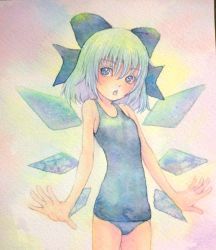 Rule 34 | 1girl, acrylic paint (medium), blue eyes, blue hair, bow, cirno, graphite (medium), hair bow, highres, ice, ice wings, matching hair/eyes, one-piece swimsuit, open mouth, painting (medium), school swimsuit, short hair, solo, swimsuit, touhou, traditional media, watercolor (medium), wings, yuyu (00365676)