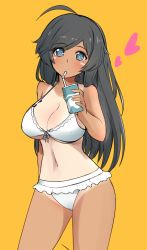 Rule 34 | 10s, 1girl, ahoge, arms behind back, bikini, black eyes, black hair, blush, blush stickers, bow, bow bikini, breasts, bright pupils, cleavage, closed mouth, commentary request, cowboy shot, cup, disposable cup, drinking straw, frilled bikini, frills, girls und panzer, head tilt, heart, highres, holding, holding cup, hoshikawa (hoshikawa gusuku), isuzu hana, large breasts, long hair, looking at viewer, mouth hold, navel, one-piece tan, simple background, solo, standing, swimsuit, tan, tanline, white pupils, yellow background