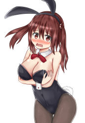 Rule 34 | 10s, 1girl, animal ears, bad id, bad pixiv id, bare shoulders, blush, bow, bowtie, breast hold, breasts, brown eyes, brown hair, cleavage, covered navel, detached collar, ebina nana, fake animal ears, female focus, highres, himouto! umaru-chan, large breasts, leaning forward, leotard, long hair, looking at viewer, lotpe, open mouth, pantyhose, playboy bunny, rabbit ears, rabbit tail, simple background, solo, tail, twintails, wavy mouth, wrist cuffs