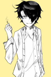 Rule 34 | 1boy, black hair, grin, hair over one eye, highres, looking at viewer, matches, monochrome, ray (yakusoku no neverland), simple background, smile, wet, yakusoku no neverland