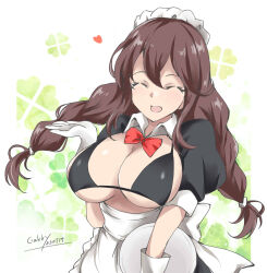 Rule 34 | 1girl, alternate costume, apron, artist name, bikini, bikini top only, black bikini, bow, bowtie, braid, brown hair, closed eyes, clover background, dated, enmaided, frilled apron, frills, gakky, highres, kantai collection, long hair, maid, maid bikini, maid headdress, noshiro (kancolle), one-hour drawing challenge, puffy sleeves, red bow, red bowtie, short sleeves, shrug (clothing), solo, swept bangs, swimsuit, tray, twin braids, unconventional maid, waist apron, white apron, white background