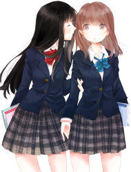 Rule 34 | 2girls, bad id, bad pixiv id, black hair, blue ribbon, blunt bangs, blush, brown hair, closed eyes, fly 333, holding, holding own arm, imminent kiss, long hair, multiple girls, open mouth, original, red ribbon, ribbon, school uniform, simple background, skirt, standing, uniform, white background, yuri