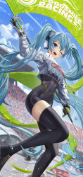 Rule 34 | :d, absurdres, aqua hair, black bodysuit, black thighhighs, blue eyes, blush, bodysuit, breasts, covered navel, cropped jacket, flag, gloves, happy, hatsune miku, headphones, highres, holding, holding flag, long hair, long sleeves, looking at viewer, one eye closed, open mouth, racing, racing miku, racing miku (2022), silvertsuki, small breasts, smile, teeth, thighhighs, thighs, twintails, upper teeth only, very long hair, vocaloid, zettai ryouiki