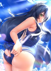 Rule 34 | 1girl, armpits, ass, black hair, blue one-piece swimsuit, blue sky, blush, clothes pull, commentary request, competition school swimsuit, competition swimsuit, day, etsunami kumita, from behind, green eyes, highres, i-47 (kancolle), kantai collection, long hair, looking at viewer, looking to the side, mole, mole on ass, one-piece swimsuit, one-piece swimsuit pull, open mouth, outdoors, school swimsuit, sidelocks, sky, solo, swimsuit, thighs, torn clothes, torn swimsuit