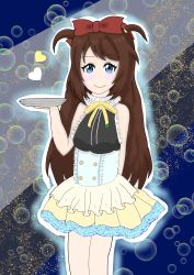Rule 34 | 1girl, absurdres, air bubble, alternate hairstyle, apron, aqua eyes, artist name, artist request, bare legs, bare shoulders, blue eyes, blush, bow, breasts, brown hair, bubble, buttons, dress, evening gown, female focus, hair between eyes, hair bow, heart, highres, holding, holding plate, long hair, looking at viewer, love live!, love live! nijigasaki high school idol club, maid apron, medium breasts, oomiya (oomiyat1041), osaka shizuku, parted lips, plate, ponytail, red bow, ribbon, short twintails, skirt, smile, solo, stage, stage lights, twintails, two-tone skirt, white skirt, yellow neckwear, yellow ribbon, yellow skirt