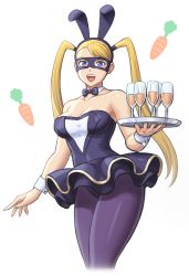Rule 34 | 1girl, :d, alternate costume, animal ears, bare arms, bare shoulders, black bow, black bowtie, black leotard, black skirt, blonde hair, blue eyes, bow, bowtie, breasts, carrot, cleavage, collarbone, commentary request, cropped legs, cup, detached collar, domino mask, drinking glass, fake animal ears, holding, holding tray, legs together, leotard, long hair, looking at viewer, mask, medium breasts, noppo (tarstation), open mouth, pantyhose, playboy bunny, purple pantyhose, rabbit ears, rainbow mika, shiny clothes, skirt, smile, solo, standing, strapless, strapless leotard, street fighter, street fighter v, swept bangs, teeth, tray, twintails, upper teeth only, white background, wine glass, wrist cuffs