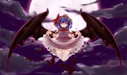 Rule 34 | 1girl, ascot, bad id, bad pixiv id, bat (animal), bat wings, blue hair, brooch, clothes lift, cloud, fang, flying, full moon, hat, hat ribbon, jewelry, kirichan (xiang2308), legs folded, looking at viewer, mob cap, moon, night, open mouth, outdoors, red eyes, remilia scarlet, ribbon, short hair, skirt, skirt lift, skirt set, solo, thighhighs, touhou, white thighhighs, wings, wrist cuffs