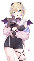 Rule 34 | 1girl, bat wings, blonde hair, contrapposto, cowboy shot, fingerless gloves, gloves, green eyes, highres, holding, holding stuffed toy, jacket, kurumi noah, looking at viewer, o-ring, off shoulder, open clothes, open jacket, open mouth, pomelunch, short hair, simple background, single glove, solo, stuffed animal, stuffed toy, teddy bear, thighs, virtual youtuber, vspo!, white background, wings