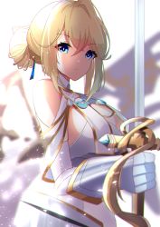 Rule 34 | 1girl, absurdres, azur lane, bare shoulders, blonde hair, blue eyes, blue ribbon, breasts, gauntlets, hair bun, hair ribbon, highres, holding, holding sword, holding weapon, jeanne d&#039;arc (azur lane), long hair, looking at viewer, looking to the side, medium breasts, ribbon, single hair bun, solo, sword, weapon, yamaha tsui