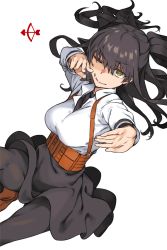 Rule 34 | 1girl, ;), arrow (projectile), black hair, black pantyhose, black skirt, boots, bow (weapon), breasts, brown footwear, collared shirt, commentary request, crooked smile, dutch angle, green eyes, grin, haimura kiyotaka, high-waist skirt, highres, large breasts, long hair, long sleeves, looking at viewer, one eye closed, outstretched arm, pantyhose, partially unbuttoned, pouch, shirt, sidelocks, simple background, skirt, smile, solo, toaru kagaku no railgun, toaru majutsu no index, two side up, underbust, weapon, white background, white shirt, wing collar, yumiya rakko