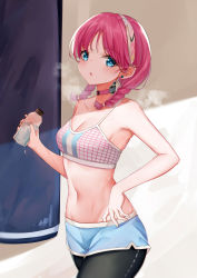 Rule 34 | 1girl, absurdres, arknights, bare arms, bare shoulders, black pants, blue eyes, blue poison (arknights), blue poison (shoal beat) (arknights), blue shorts, blush, bottle, braid, breasts, camisole, choker, cleavage, commentary, cowboy shot, crop top, earrings, groin, hairband, highres, holding, holding bottle, jewelry, leggings, looking at viewer, medium breasts, midriff, navel, official alternate costume, pants, pink choker, pink hair, short hair, short shorts, shorts, solo, spaghetti strap, sports bra, standing, stomach, to naive, twin braids