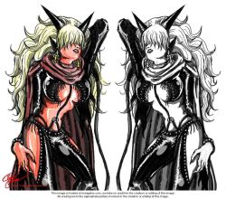 Rule 34 | 1girl, animal ears, blonde hair, breasts, cape, female focus, hair over eyes, horns, impel down, large breasts, long hair, mirror image, multiple persona, one piece, popped collar, sadi-chan, underboob, whip
