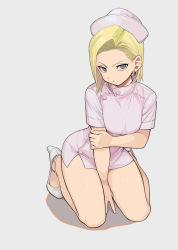 Rule 34 | 1girl, absurdres, alternate costume, android 18, blonde hair, blue eyes, breasts, commentary request, dragon ball, earrings, full body, hat, high heels, highres, holding own arm, jewelry, kneeling, looking at viewer, nurse, nurse cap, rokoido12, short hair, solo