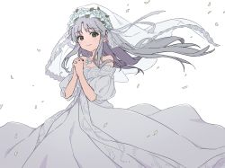 Rule 34 | 1girl, bare shoulders, blush, bridal veil, closed mouth, cowboy shot, dress, green eyes, head wreath, highres, index (toaru majutsu no index), interlocked fingers, jewelry, long hair, looking at viewer, necklace, own hands clasped, own hands together, petals, puffy short sleeves, puffy sleeves, short sleeves, sidelocks, silver hair, simple background, smile, solo, strapless, strapless dress, teruya (6w6y), toaru majutsu no index, veil, wedding dress, white background