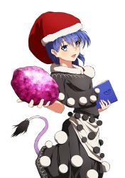 Rule 34 | 1girl, absurdres, aono meri, bad id, bad pixiv id, black dress, blue eyes, blue hair, book, capelet, doremy sweet, dress, hat, highres, legacy of lunatic kingdom, looking at viewer, matching hair/eyes, nightcap, open mouth, pom pom (clothes), short hair, simple background, smile, solo, tail, tapir tail, touhou, white background
