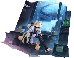 Rule 34 | 1girl, artist request, azur lane, bare shoulders, black gloves, black thighhighs, blonde hair, breasts, chair, feet, gloves, highres, lab coat, long hair, looking at viewer, manjuu (azur lane), no shoes, office chair, official alternate costume, official art, red eyes, sitting, small breasts, soobrazitelny (azur lane), soobrazitelny (the machinery of life) (azur lane), spread toes, stirrup legwear, swivel chair, thighhighs, toeless legwear, toes, transparent background, twintails